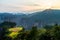 Spectacular rice terrace panorama at sunset in front of Laowuchang village, in Wulingyuan National Park, Zhangjiajie, China