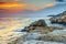 Spectacular rocky beach and beautiful sunset near Rovinj,Istria,Croatia