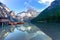 Spectacular romantic place with typical wooden boats on the alpine lake,(Lago di Braies) Braies lake