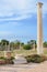 Spectacular ruins of ancient Greek city Salamis taken with blue sky above. The Antique columns were part of Salamis Gymnasium.