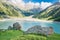 Spectacular scenic Big Almaty Lake Tien Shan Mountains in Almaty, Kazakhstan,at summer