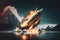 Spectacular spaceship crash, flaming rocket falls into the water.