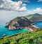 Spectacular spring view of Pirates Bay, Porto Timoni, Afionas village location. Fantastic morning seascape of Ionian Sea.