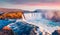 Spectacular sunrise on Skjalfandafljot river, Iceland, Europe. Magnificent summer view of Godafoss waterfall.