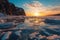 Spectacular sunrise in winter over frozen ice lake Baikal