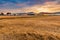 Spectacular sunset over stubble field