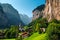 Spectacular tourist mountain village with waterfalls and traditional buildings, Lauterbrunnen