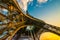 Spectacular unique colourful wide angle shot of the Eiffel tower from below, showing all pillars.