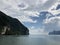 Spectacular, unique view from the sea to the hanging cliffs of Thailand Islands on a clear day