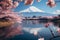 Spectacular view Japanese cherry blossoms with Mount Fuji backdrop