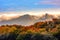 Spectacular view landscape mountain hill foggy day sunrise Killorglin Kerry Ireland red green forest