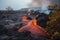 spectacular view of lava flowing from a volcanic eruption, burning vegetation and creating new land