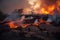 spectacular view of lava flowing from a volcanic eruption, burning vegetation and creating new land