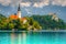 Spectacular view with Pilgrimage church and lake Bled, Slovenia