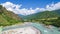 The spectacular view of Tsang river and valley, and the east bank from the longest suspension Bridge in Punakha in a sunny day