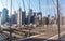 Spectacular views of the Brooklyn Bridge with all its characteristic metal wires and the pedestrian walkway