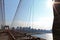 Spectacular views of the Brooklyn Bridge with all its characteristic metal wires and the pedestrian walkway