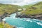 Spectacular views from the top of Warren point looking towards Boscastle Harbour entrance and the village beyond