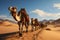 Spectacular wide angle view camel caravan journey in Saharas sandy expanse