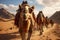 Spectacular wide angle view camel caravan journey in Saharas sandy expanse