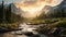 Spectacular Wilderness Landscape: Mountains, Sunlight, And Stream
