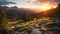 Spectacular Wilderness Landscape At Sunset: Photorealistic Mountain Scene With Rocks And Trees