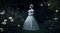 A spectral figure in a Victorian-era dress in a moonlit garden