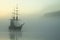 spectral ghost ship at foggy morning or evening. Neural network generated image