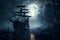 A spectral pirate ship sails amidst the eerie silence on a fog-covered lake reflecting the full moon, its undead crew