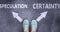 Speculation and certainty as different choices in life - pictured as words Speculation, certainty on a road to symbolize making