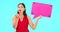 Speech bubble, face and woman blowing kiss in studio for romance, flirting and poster on blue background. Banner