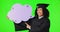 Speech bubble, graduation woman and green screen, communication and voice or college forum, FAQ or opinion. Face