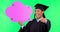 Speech bubble, graduation woman and green screen, pointing you and university voice or opinion. Chat, social media icon