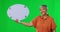 Speech bubble, green screen and tracking marker by senior with happy face on studio background. Portrait, poster and