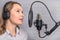 Speech recording on radio stations, the announcer works in the studio with a studio microphone