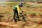 Speed, action and man on mountain bike for dirt racing sports, riding on nature trail. Sports, mountain biking and blur