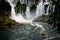 Speed boat rides under the water cascading over the Iguacu falls