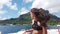 Speed boat sexy bikini travel woman enjoying ride on luxury speed boat vacation
