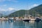 Speed boats at harbor. Power boats, sailboats moored in marina. Sea coast pier