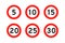 Speed limit 5,10,15,20,25,30 round road traffic icon sign flat style design vector illustration set.