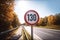 Speed limit road sign of 130 khm on German Autobahn street. Generative AI