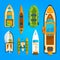 Speed motor boat, sea ship, yacht and other marine transport. Vector pictures set top view