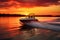 Speed motorboat towing water skier in romantic vibrant sunset. Generative AI