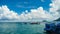 Speedboat, Fishing boat, passenger boat, clear sky and clouds mountain. Passenger boat in the sea. Fisherman wood boat and clean