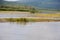 Speedboat parked on an island in the middle of Chena River in Fairbanks, Alaska.