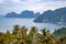 Speedboats and traditionals boats sailing in Andaman Sea as seen from viewpoint in Phi Phi Islands in Thailand