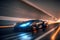 Speeding fast sports car drives on highway road with motion blur effects