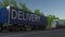 Speeding freight semi truck with DELIVERY caption on the trailer. Road cargo transportation. 3D rendering