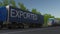 Speeding freight semi truck with EXPORTED caption on the trailer. Road cargo transportation. 3D rendering