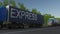 Speeding freight semi truck with EXPRESS caption on the trailer. Road cargo transportation. 3D rendering